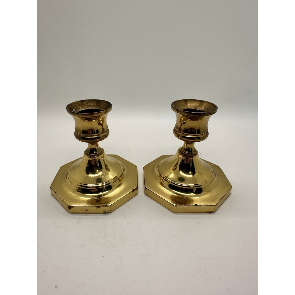 Pair Vintage Solid Brass‎ Octagon Base Candlestick Holders 3.5" Marked M